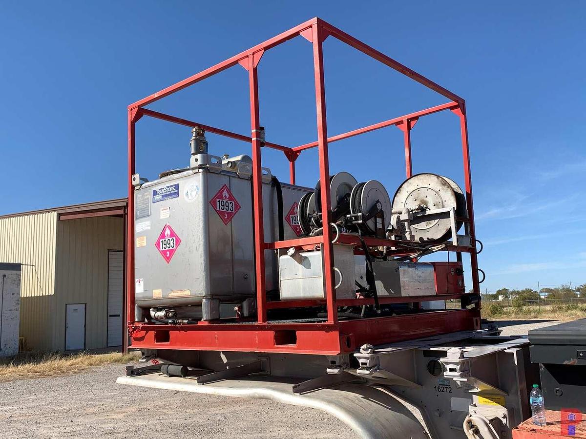 Used 8’ X 8’ HD SKID W/ (3) TRANSTORE STAINLESS STEEL TOTES & HOSE REELS