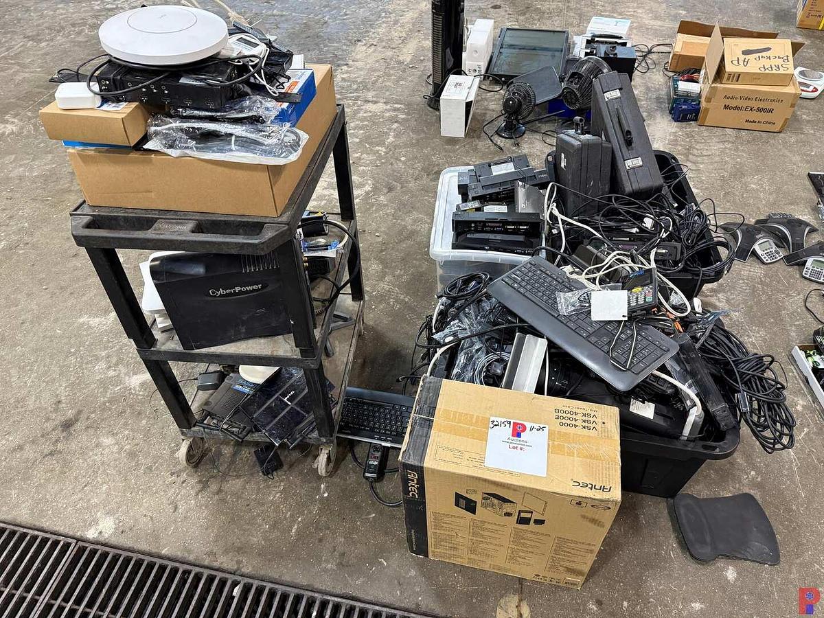 Used (3) BINS & ROLLING CART FULL OF, DELL DOCKING STATIONS, POWER CHORDS, KEYBOARDS,  CAT & ALLISON DIAGNOSTIC CONNECTORS & RELATED
