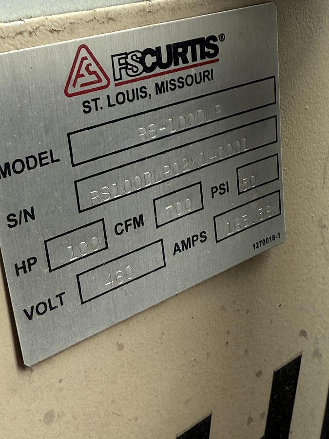 Used FS CURTIS 700 CFM / 50 PSI SKIDDED AIR COMPRESSOR UNIT P/B 125HP/460V/3PH ELEC. MOTOR