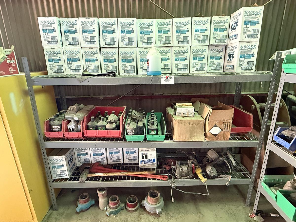 Used 96”L X 24”W X 72”H 3-SHELF RACK W/ TRUCK FLUIDS, ELECTRIC & HAND TOOLS