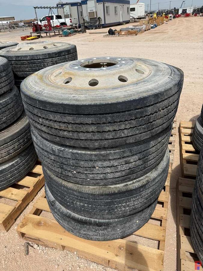 Used (7) 255/70R22.5 TIRES W/ ALUMINUM / STEEL BUD WHEELS