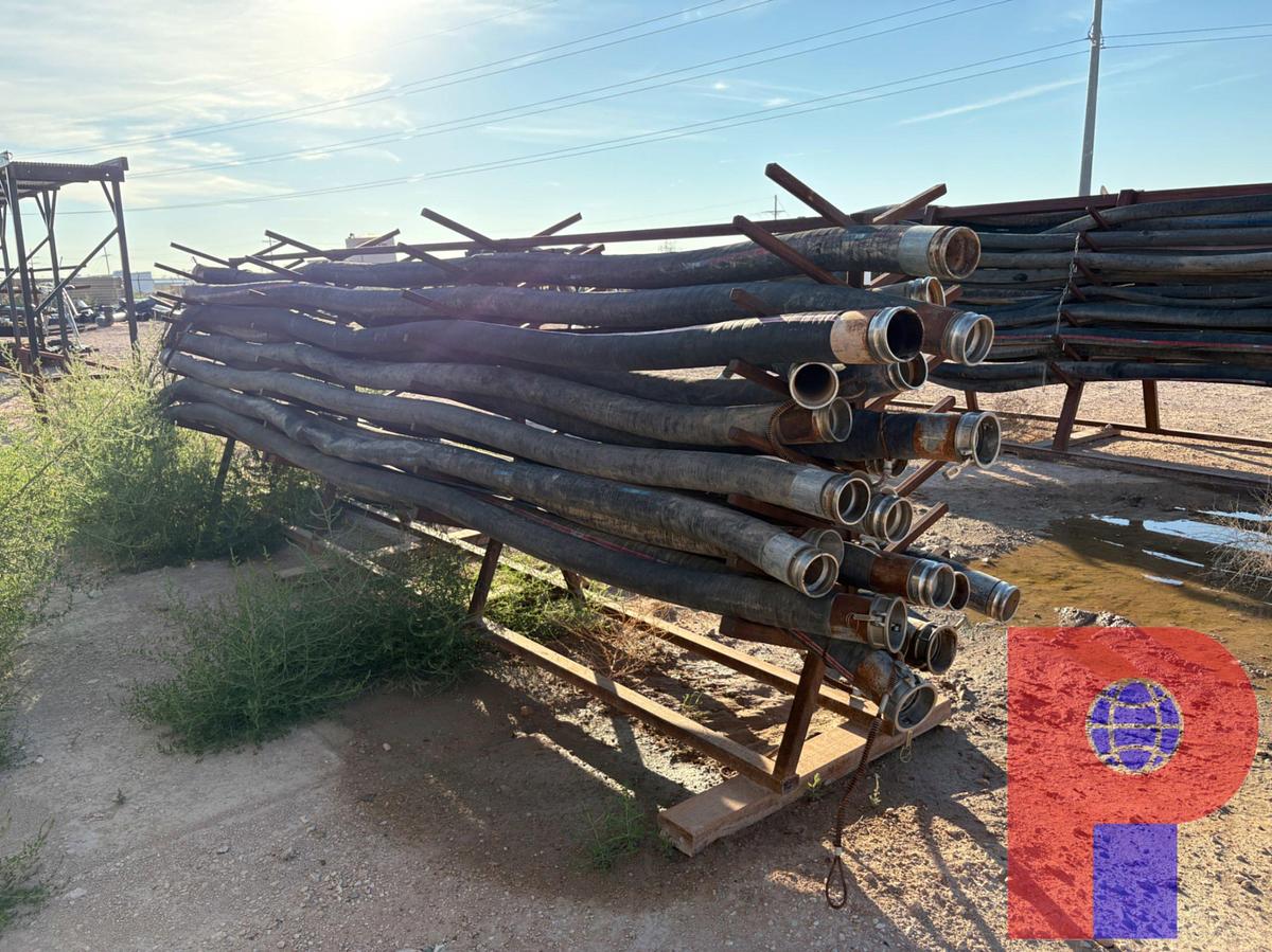 Used (24) 20’ X 4” 150PSI PETROLEUM TANK TRUCK SUCTION HOSES W/ 18’ X 40” X 6’ STORAGE RACK