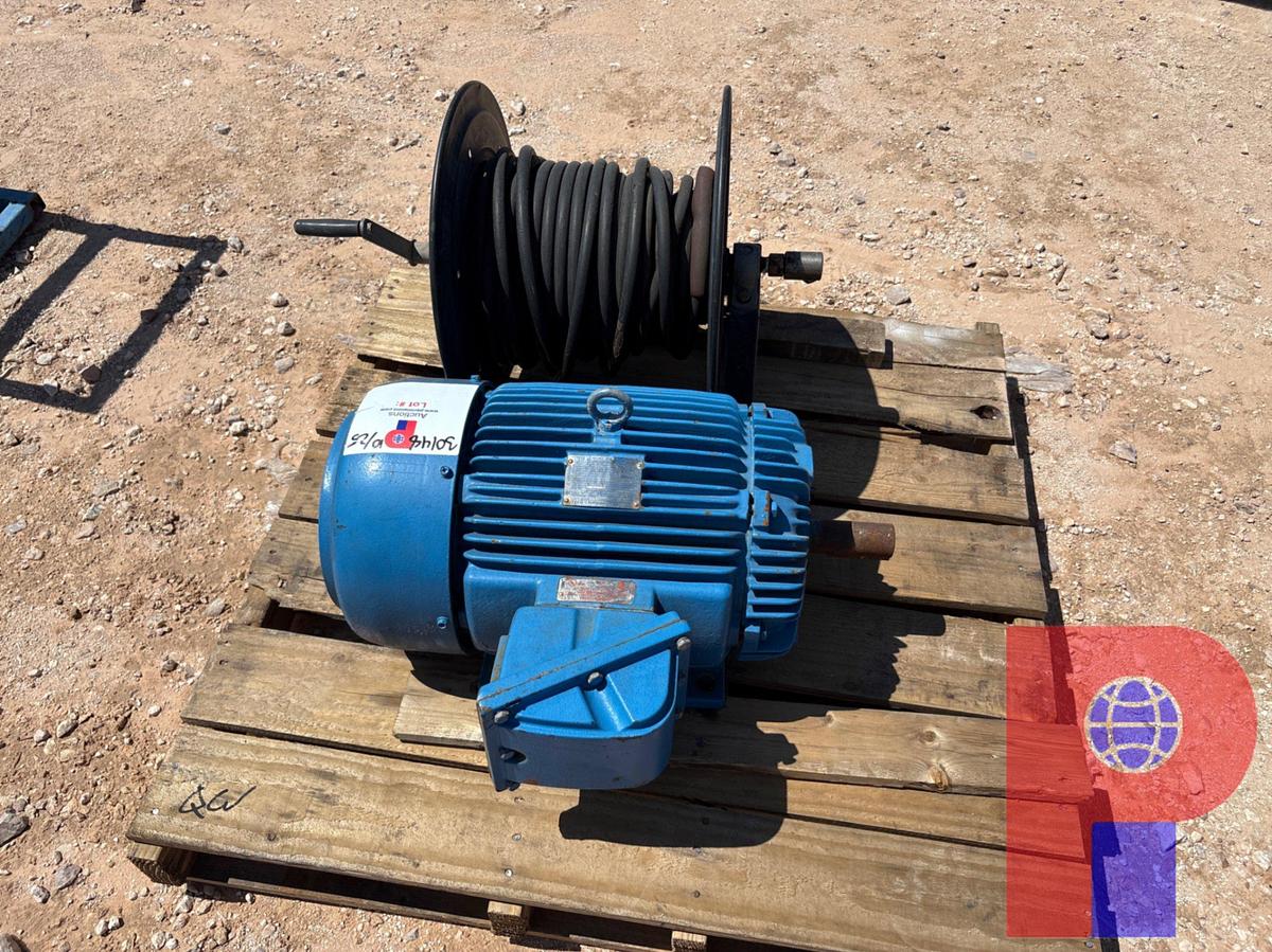 Used TECO/WESTINGHOUSE 20HP EXPLOSION PROOF ELECTRIC MOTOR & HOSE REEL