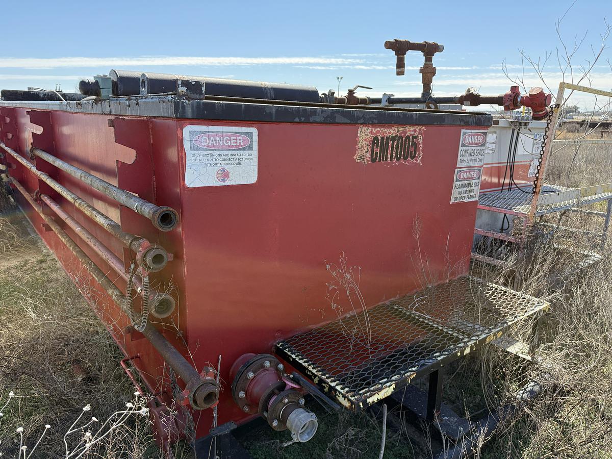 Used 30’ X 8’ X 5’ 4-COMP CEMENT MIXING TANK W/ (2) AGITATORS, CATWALK, & IRON RACK