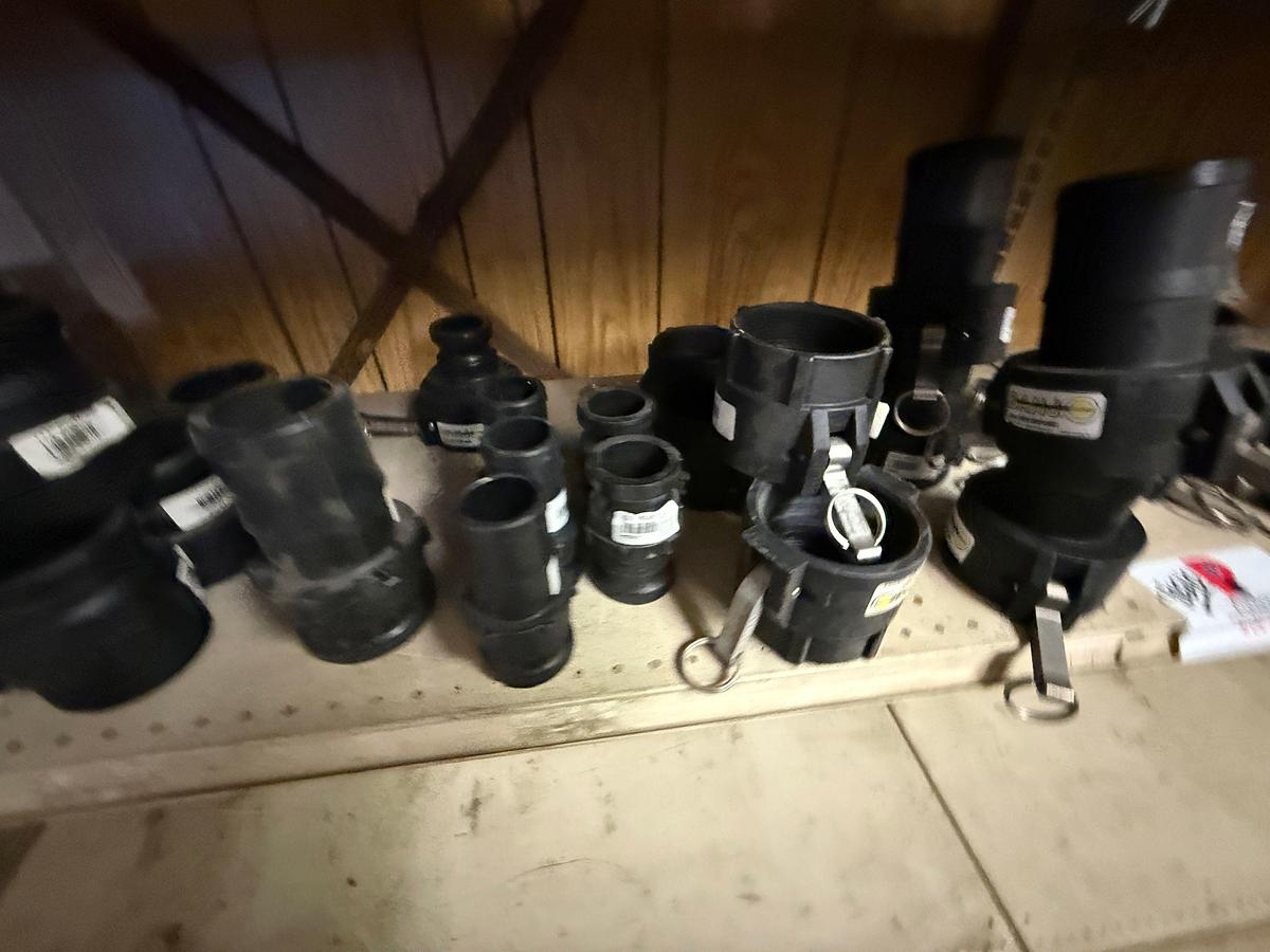 Used 4th SHELF OF (30+) 2” THRU 4” ALUM & PVC CAMLOCK FITTINGS,