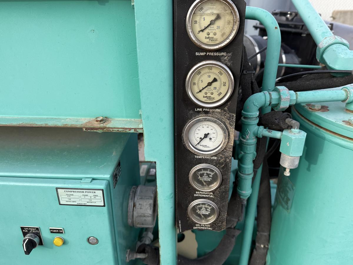 Used SULLIVAN PALATEK LL125UD 625 CFM 150 PSI ROTARY SCREW AIR COMPRESSOR UNIT, SKIDDED P/B 125 HP ELEC. MOTOR