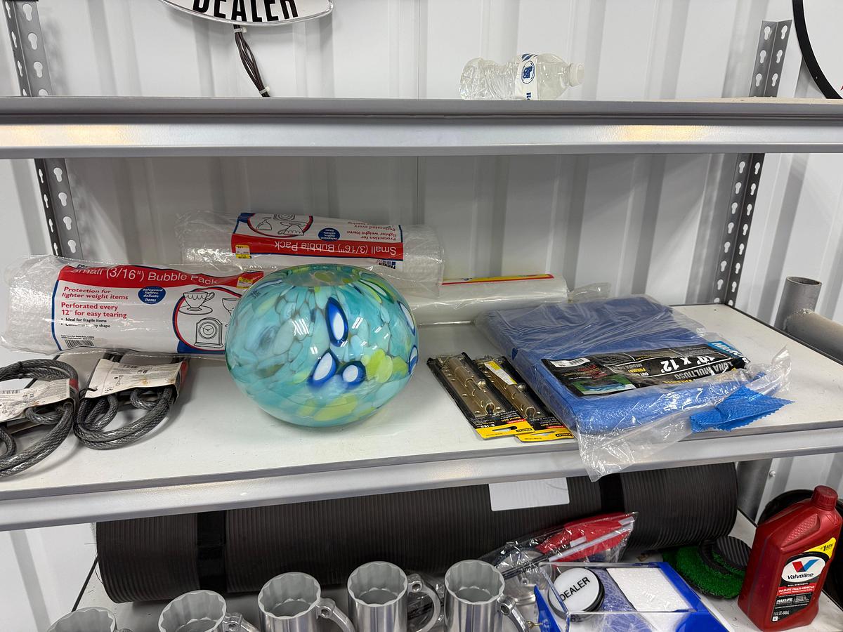 Used 6- SHELVE RACK W/ CONTENTS OF (5) CUSTOM SNAP ON SOCKET CUPS, DRILL BIT SET IN BOX, TOOL BOX, PUTTING TURF, (2) FLOOR JACKS