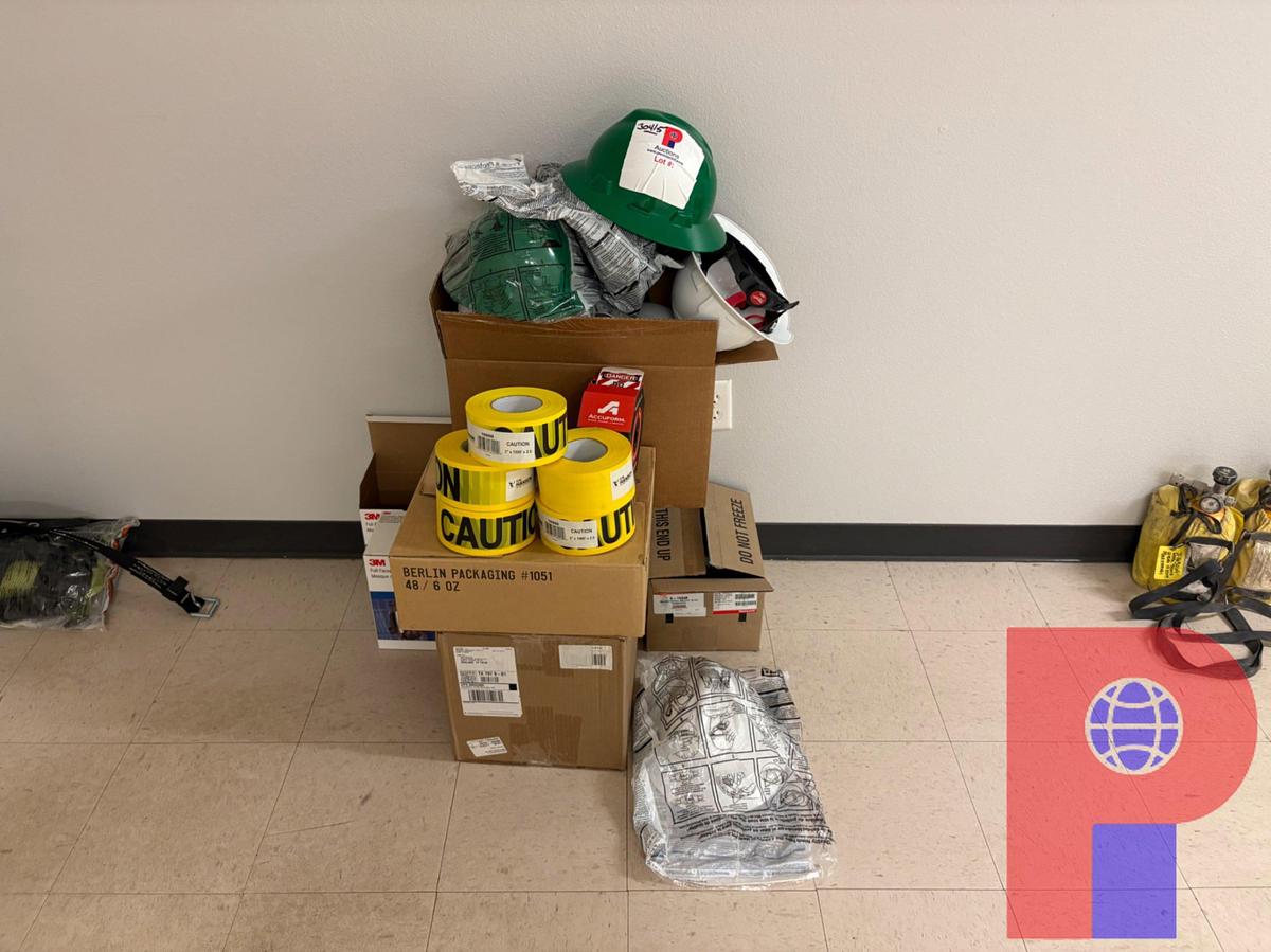 Used LOT OF ASSORTED HARD HATS, CAUTION TAPE, RESPIRATOR MASKS, LOCK-OUT TAGS, ETC.