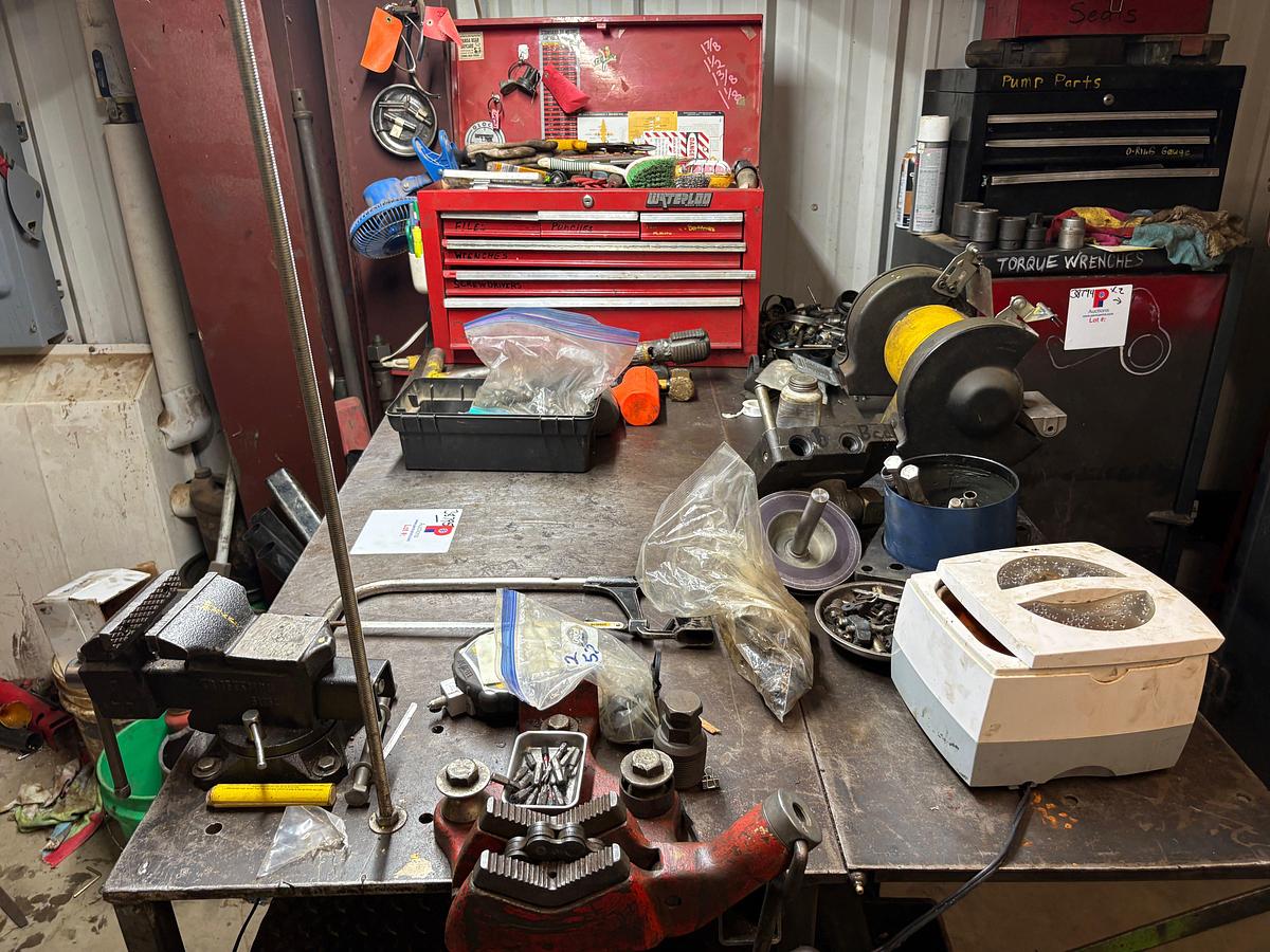 Used 64” x 40” x 41” metal shop table w/ contents