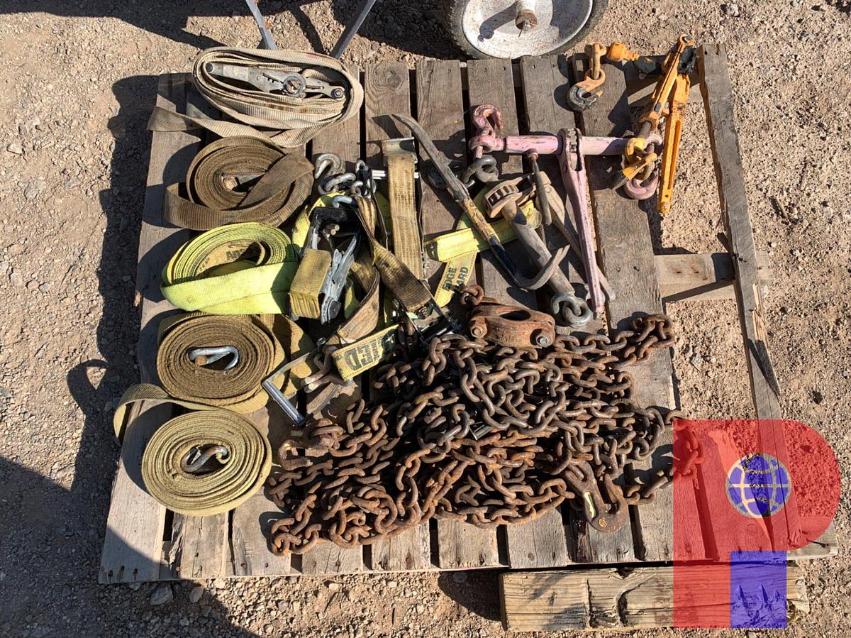 Used PALLETS STRAPS AND BINDERS, CHAINS, BOOMERS, WHEELBARROW,