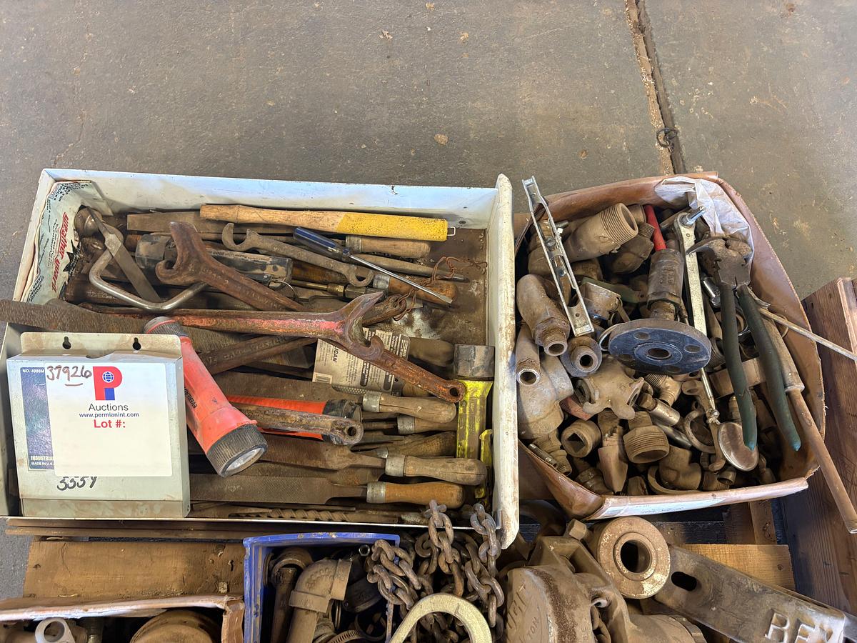 Used Pallet of assorted hose fittings, hex nuts, bower bearings, pillow block bearing, files, etc.