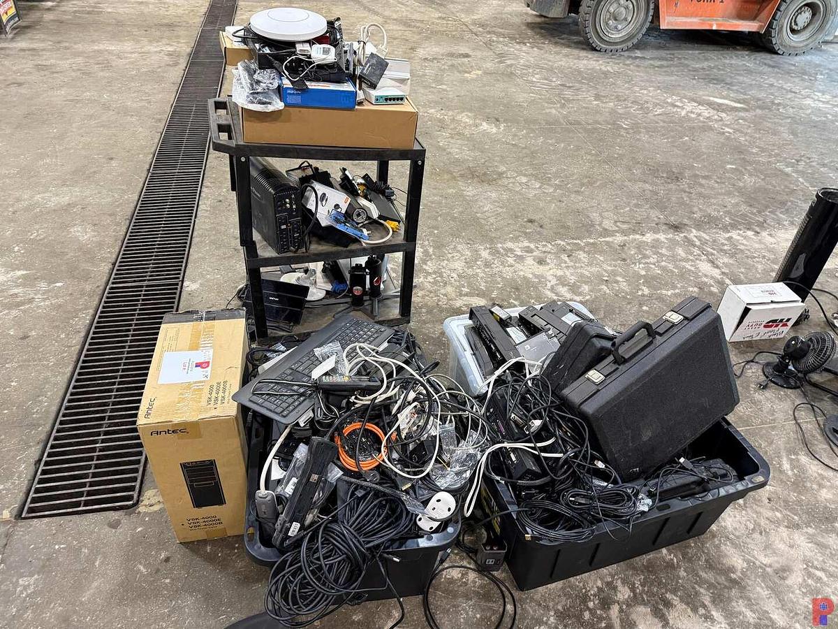 Used (3) BINS & ROLLING CART FULL OF, DELL DOCKING STATIONS, POWER CHORDS, KEYBOARDS,  CAT & ALLISON DIAGNOSTIC CONNECTORS & RELATED