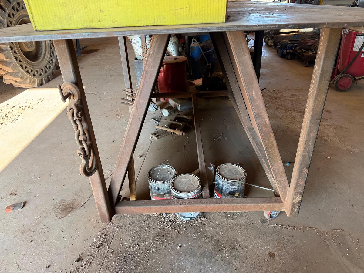 Used 8’ x 4’ x 3.4” ROLLING HD STEEL WORK TABLE W/ VICE & CONTENTS