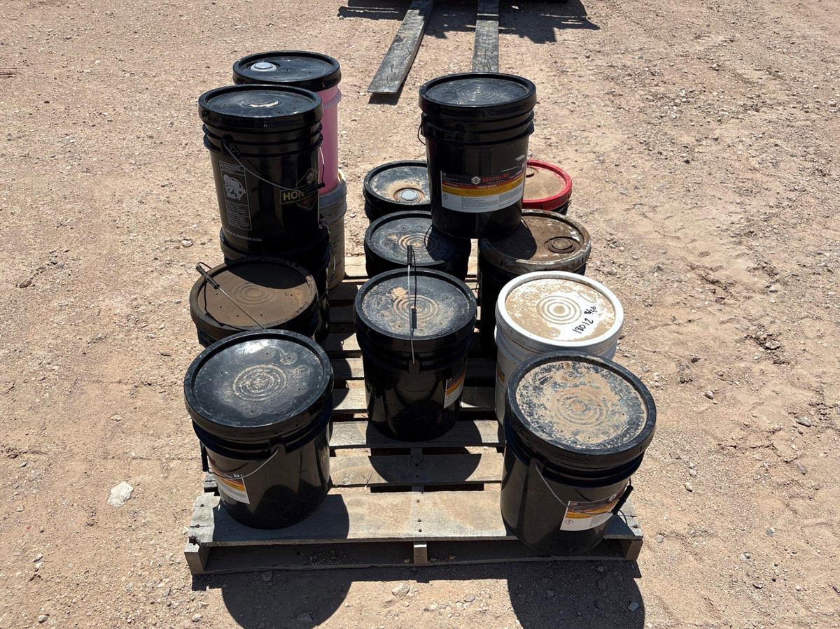 Used (14) 5-gallon buckets of bestolife drilling compound & kwik-solv cleaner