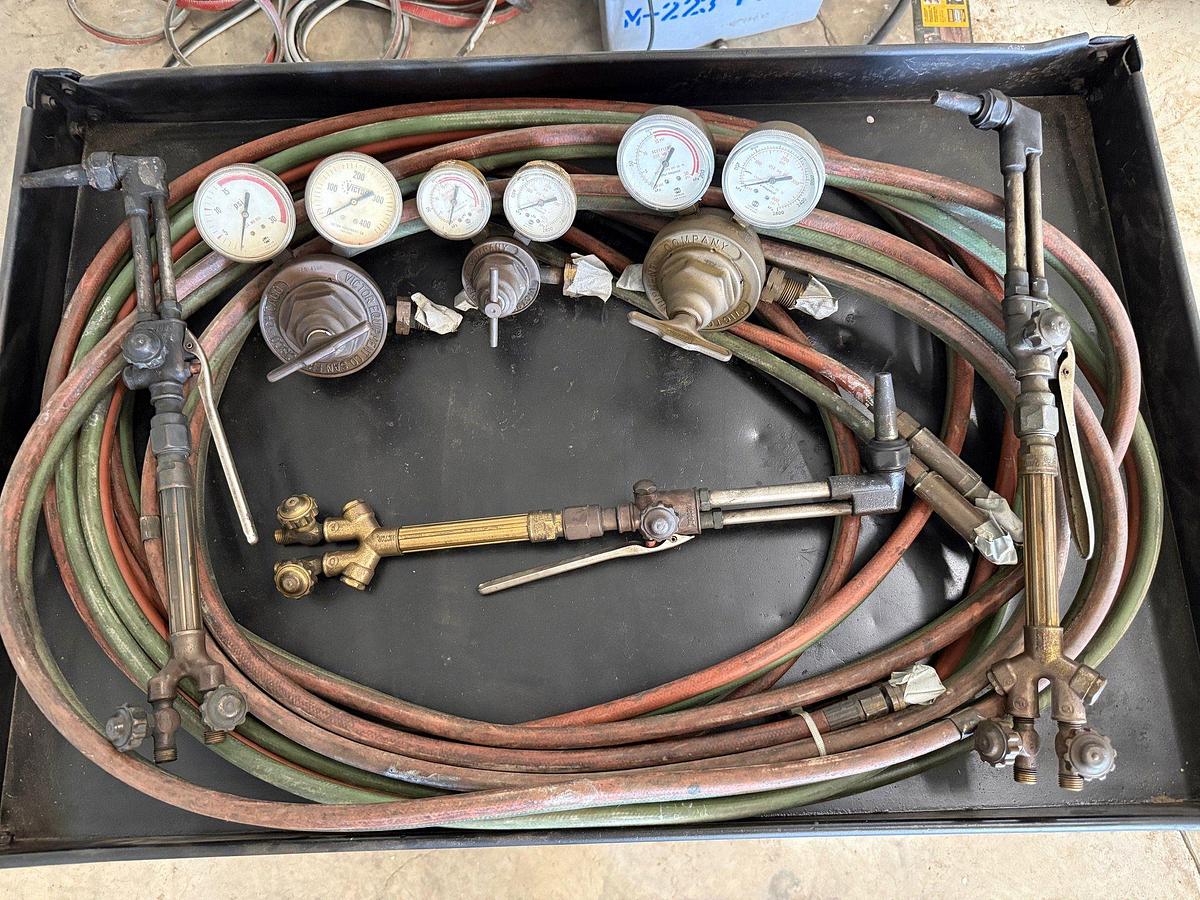 Used 30 FT. Oxygen/Acetylene Hose, 3 Sets of Victor gauges as well as 3 Victor Torches.