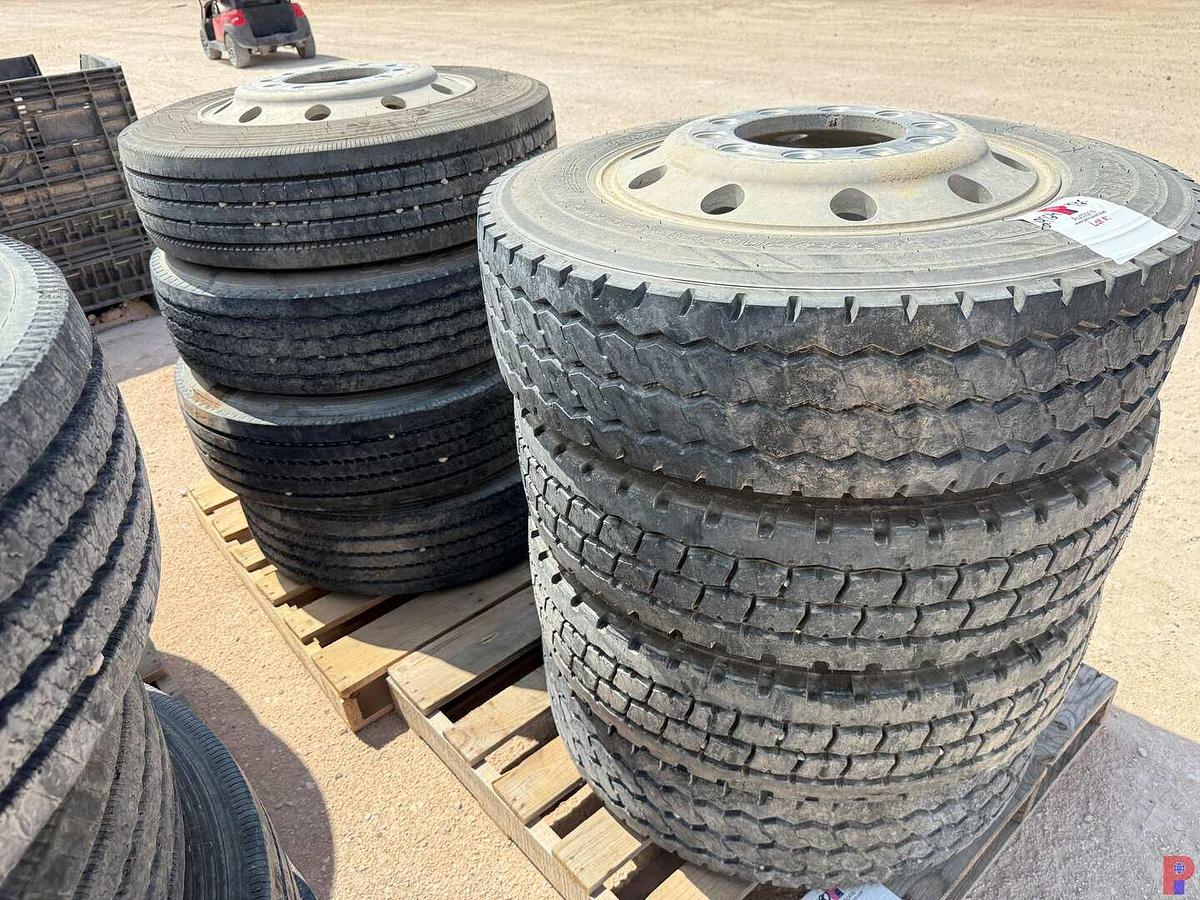 Used (8) 255/70R22.5 TIRES W/ ALUMINUM / STEEL BUD WHEELS