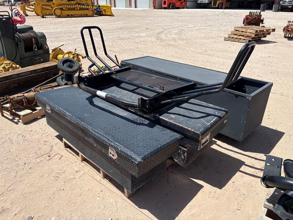 Used (2) pickup truck toolboxes, (1) grill guard, & (1) 80” x 24” x 20” locker