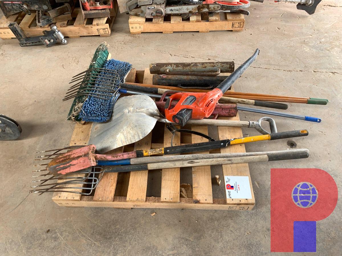 Used PITCH FORKS, T-POST DRIVERS, SHOVEL, BROOMS, BATTERY POWERED LEAF BLOWER