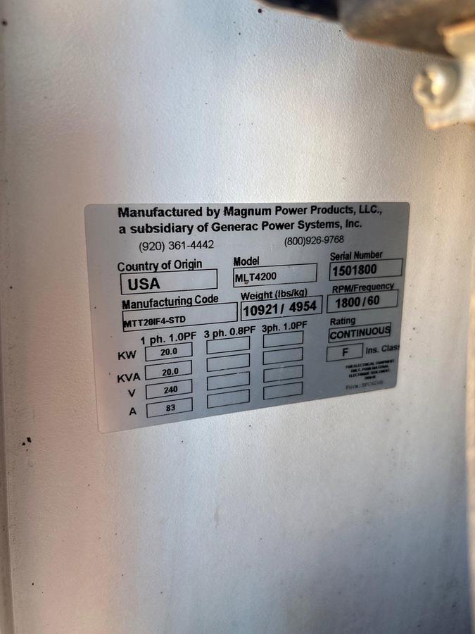 Used 2015 MAGNUM TRAILERS MLT4200 20KW T/A LIGHT TOWER COMBO TRAILER