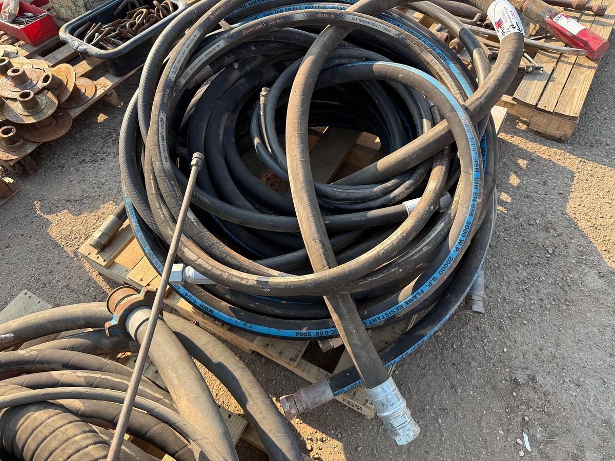Used (2) PALLETS w/ 1-1/4” 5K WP HYD HOSES, PRESSURE WASH HOSE & LANCE, 3” SUCTION HOSE, 2” 2K WP HOSE W/ HAMMER UNIONS