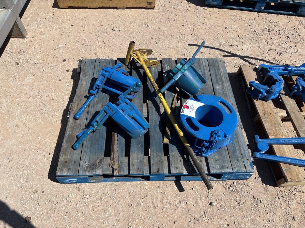 Used Pallet w/ (1) 3-1/2” split slip bowl, (2) 3-1/2” TS-100 slips, 5-1/2” ortco slips, & (1) pipe jack