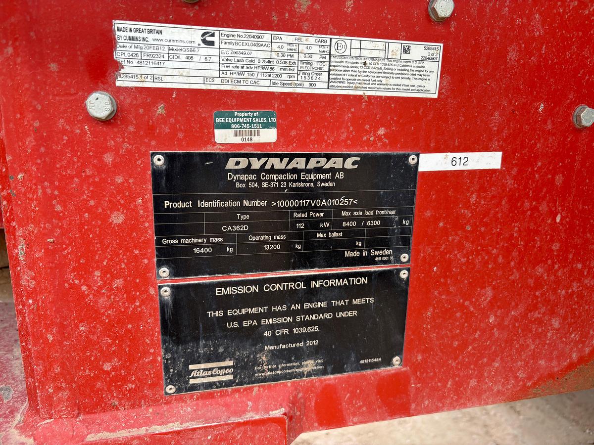 Used 2012 DYNAPAC CA362D VIBRATORY SMOOTH DRUM ROLLER