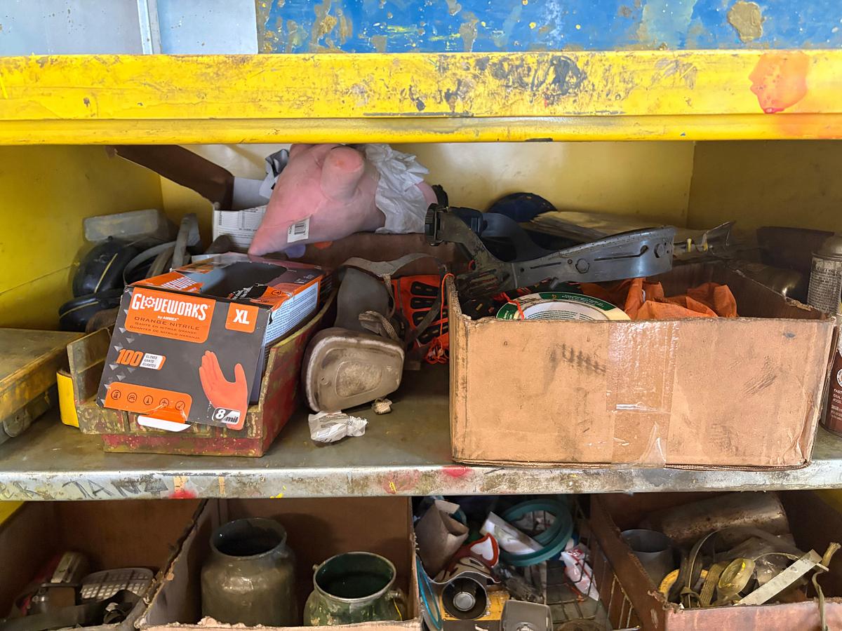 Used 40” x 32” x 40” shop table & (2) paint storage cabinets w/ contents