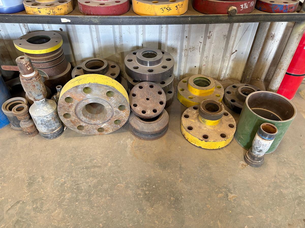 Used Lot of assorted landing flanges, weco flanges, pipe nipples, pressure gauges, seals, etc.