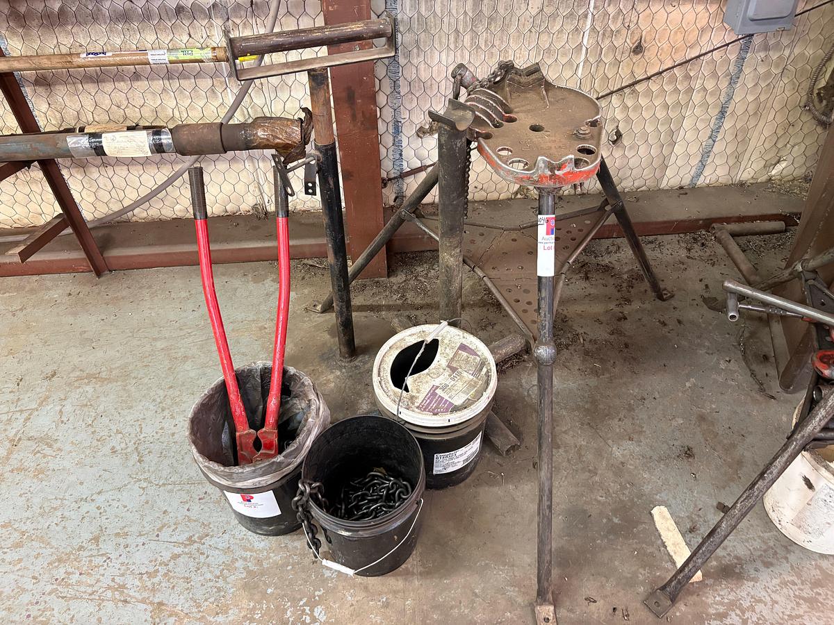 Used (3) buckets w/ 3/16” to 7/16” chain, set of bolt cutters, ridgid chain vise, roller stand