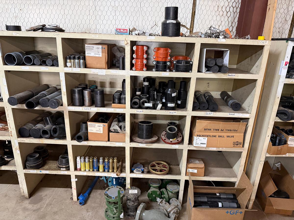 Used SECTION OF MOSTLY HEAVY WALL PVC COUPLINGS, EL’S, SOME STEEL & VICTAULIC TYPE, & (8) FLANGED BALL VALVES & RELATED