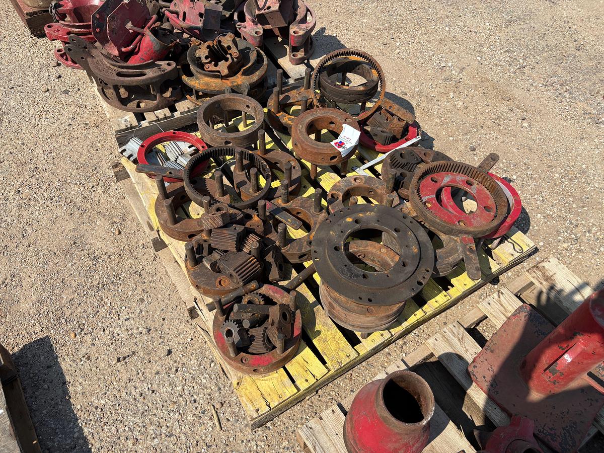 Used Pallet of hydraulic tubing tong drag rings, bull gears, & tong jaws