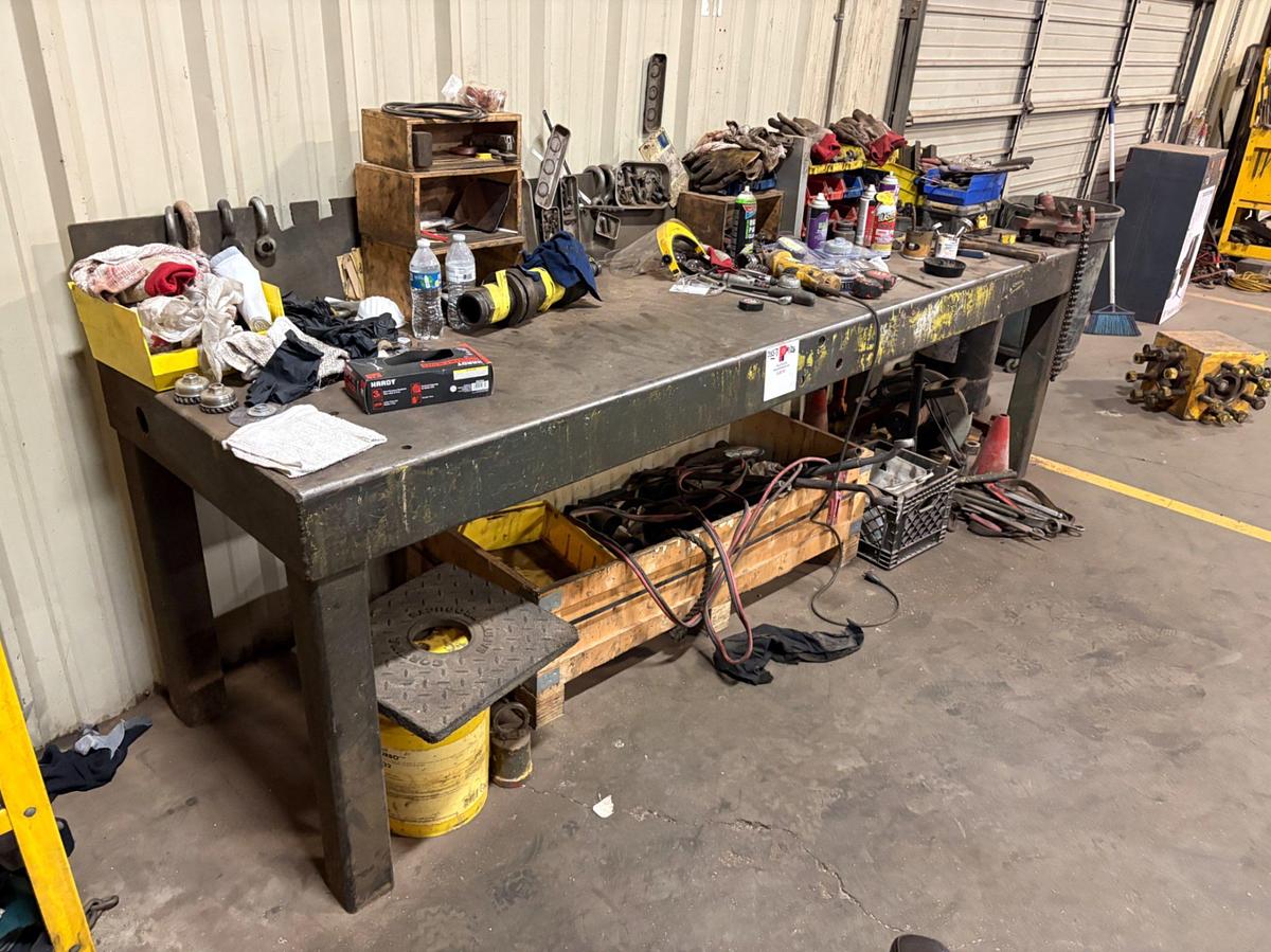 Used 10’ x 3’ x 3’ metal shop table w/ contents