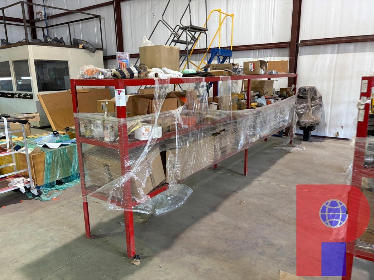 Used (2) 16’ X 2’ X 5’ SHELVES W/ OIL & AIR FILTERS, BELTS, ROLLER CHAINS, MISC. CONTENTS