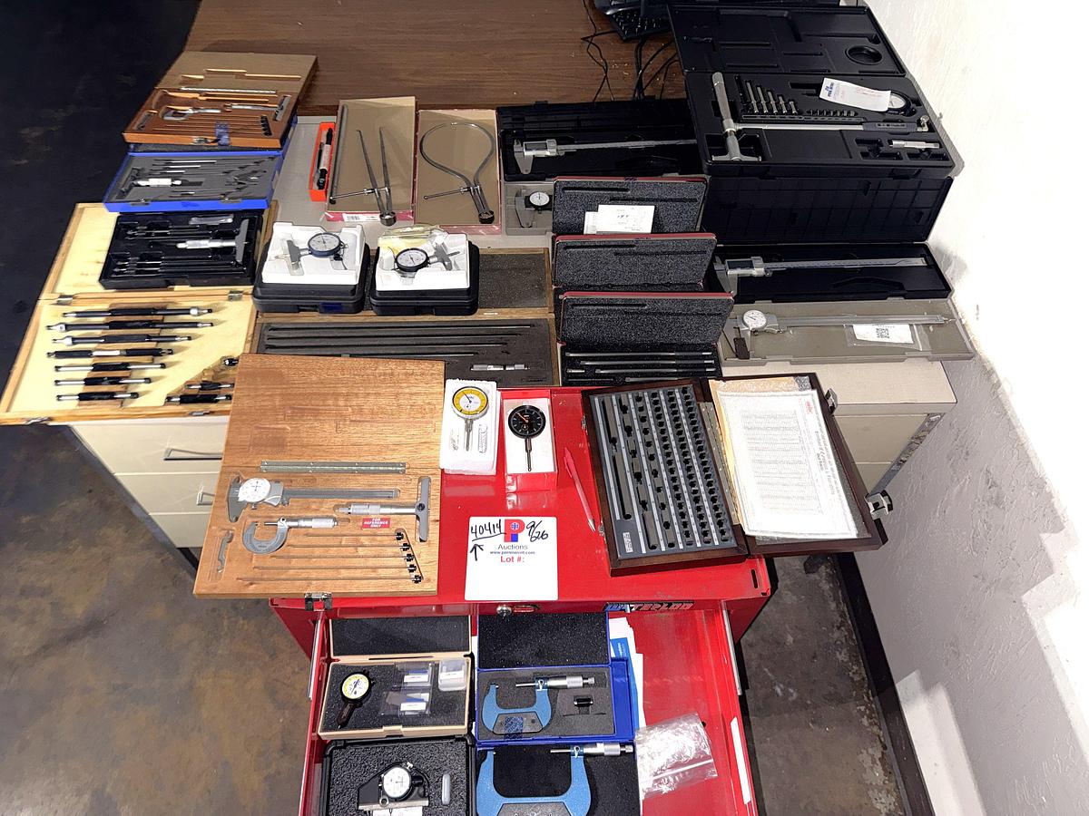 Used SECTION OF (6+) OD MICROMETERS , (7+) DEPTH GAUGES, GAUGE BLOCKS & ARMS, (4) DRAWER ROLLING TOOLBOX