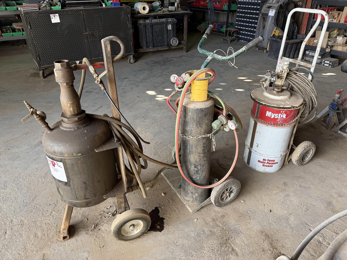 Used PNEUMATIC GREASE GUN & 120 LB CAP. BARREL W/ DOLLEY, (1) OXYGEN & ACETYLENE CART, (1) SHOP BUILT AIR TANK SPRAYER