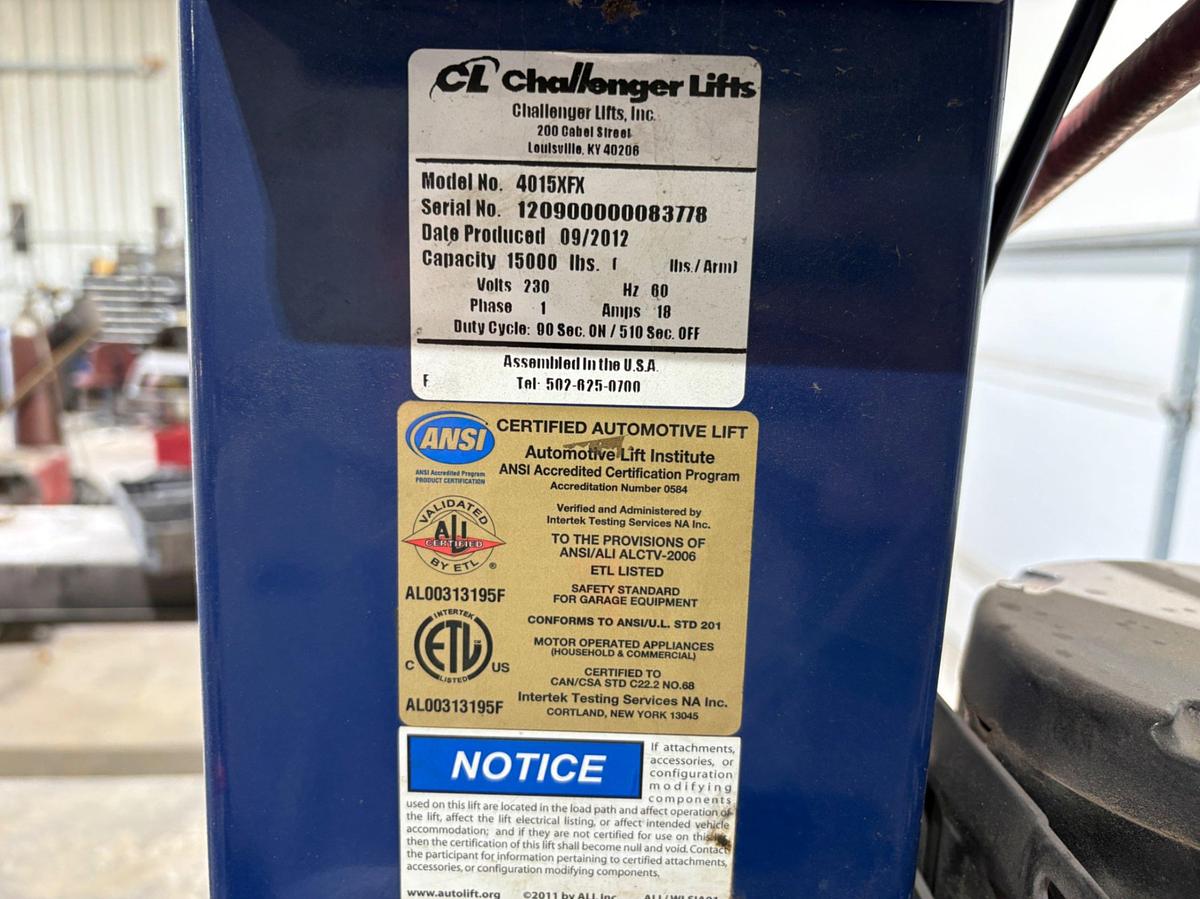 Used 2012 Challenger Lifts Model: 4015XFX, 15,000lbs 4-post car lift
