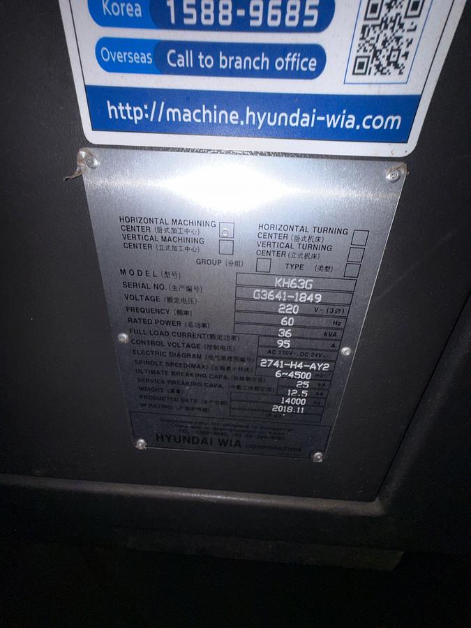 Used 2018 HYUNDAI WIA KH63G HORIZONTAL CNC MACHINING CENTER