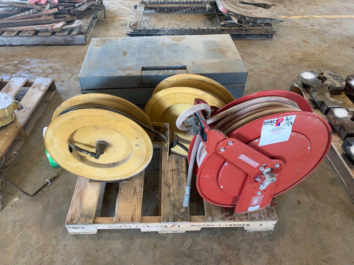 Used Pallet of 3 50’ Hose Reels and Job Box