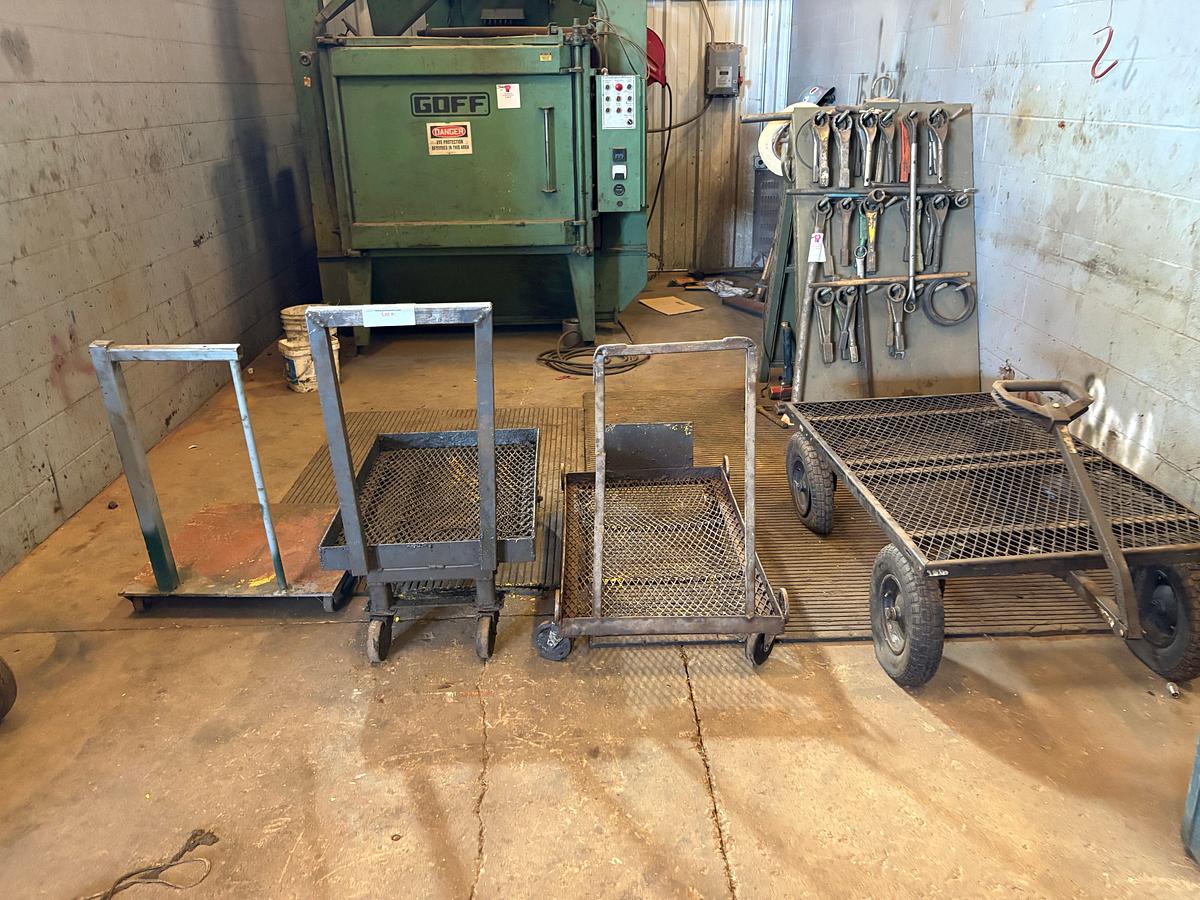Used A-frame tool rack w/ assorted hammer wrenches, (4) wagons/tool carts, & bottle dolly w/ cutting torch & Oxygen/acetylene bottles