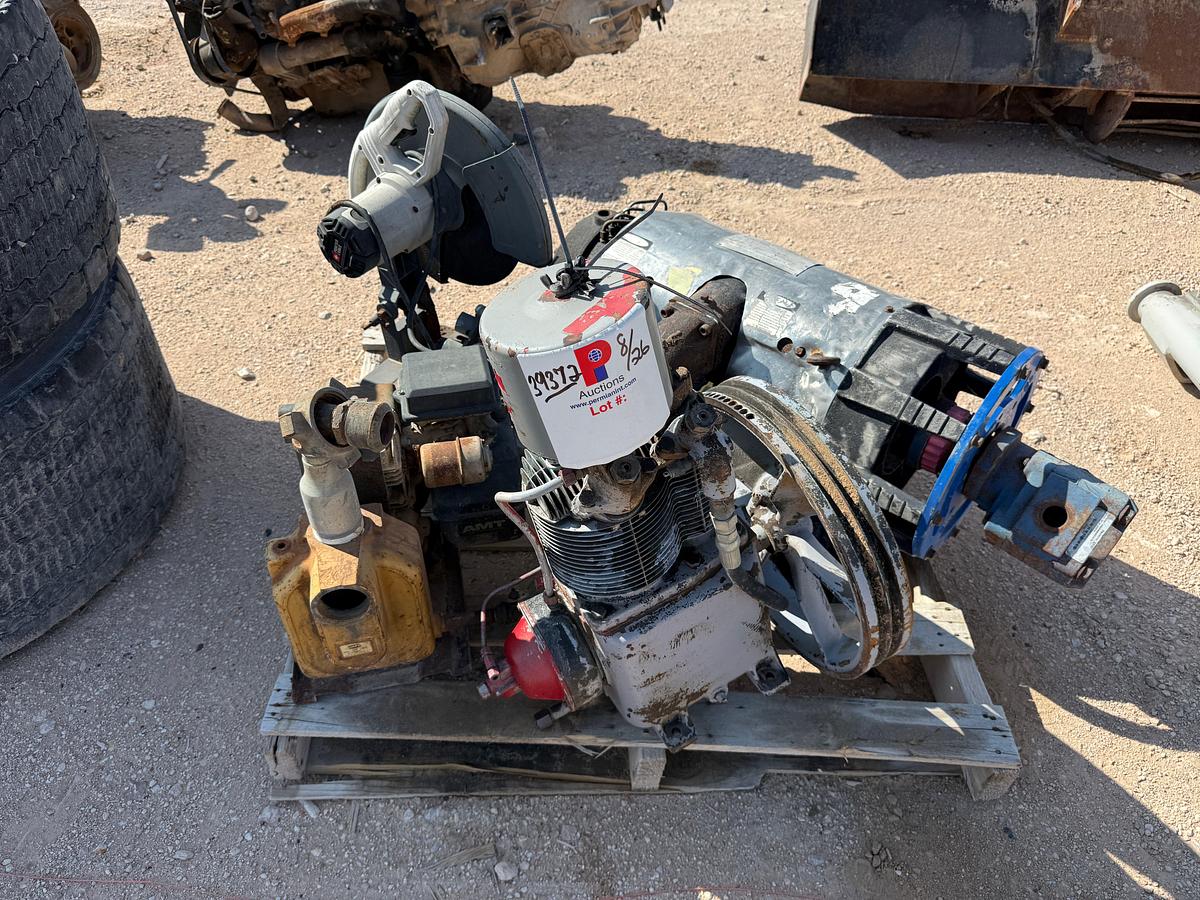 Used PALLET W/ COWBOY CVP620 VACUUM PUMP, CHAMPION AIR COMPRESSOR, 2” GAS POWERED TRASH PUMP, PORTER CHOP SAW, HYD VALVE BANK