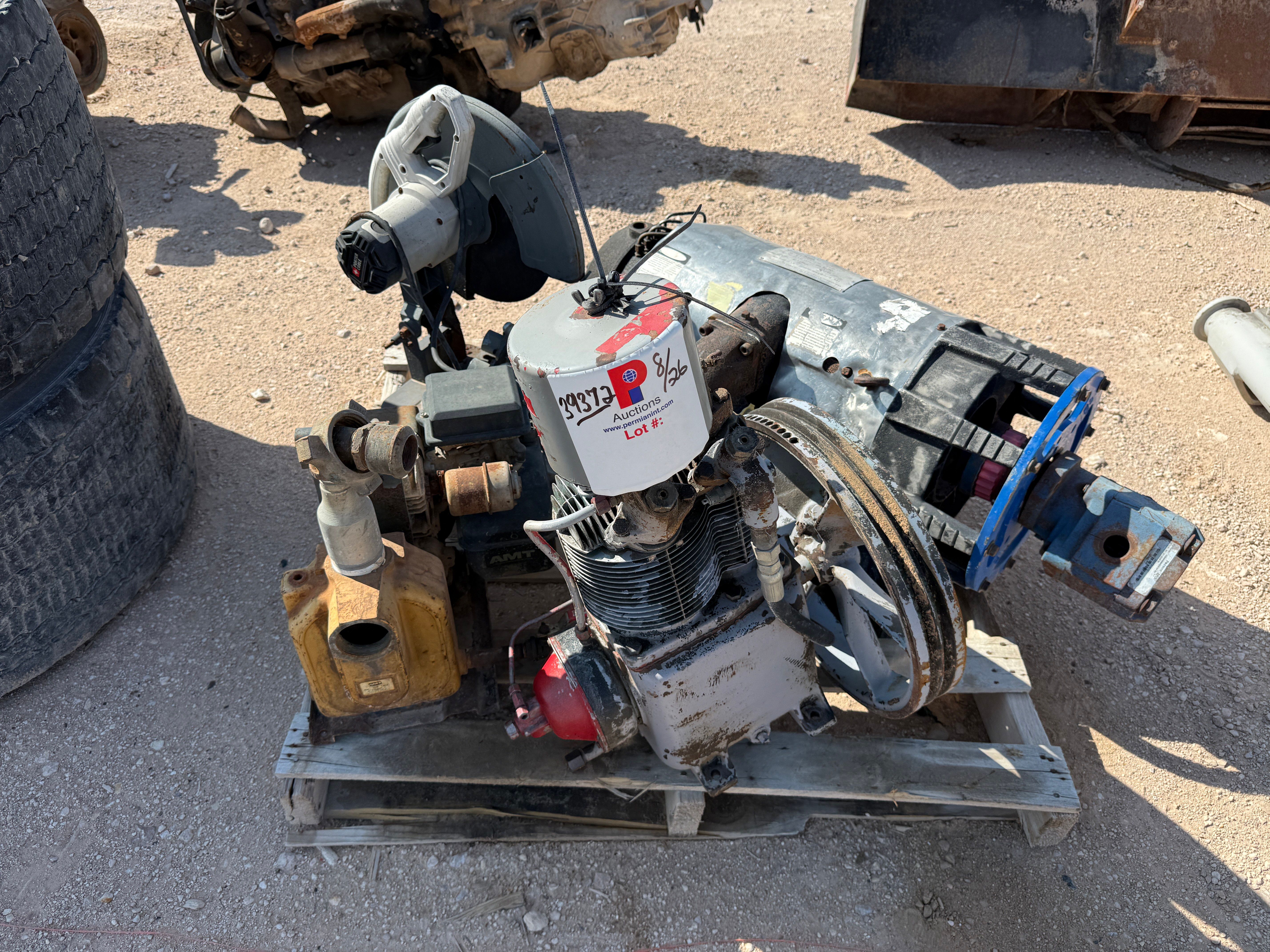 Used PALLET W/ COWBOY CVP620 VACUUM PUMP, CHAMPION AIR COMPRESSOR, 2” GAS POWERED TRASH PUMP, PORTER CHOP SAW, HYD VALVE BANK