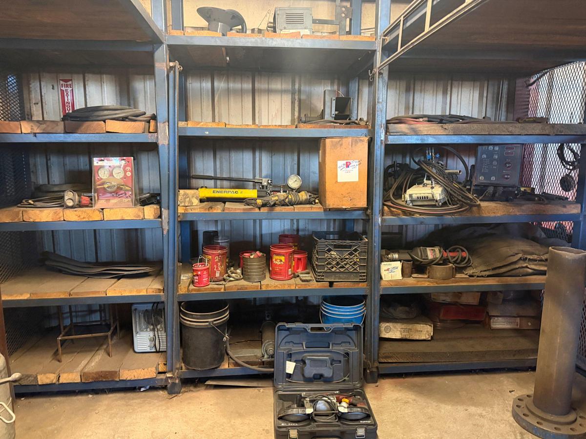 Used (13) Shelves w/ welding related tools, wire & power tools