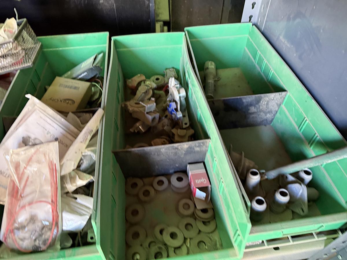 Used 96”L X 24”W X 72”H 3-SHELF RACK, (1) 24-COMP. FITTING BIN, & (1) 4-ROW ELECTRIC WIRE REEL RACK, ALL W/ TRUCK PART & RELATED