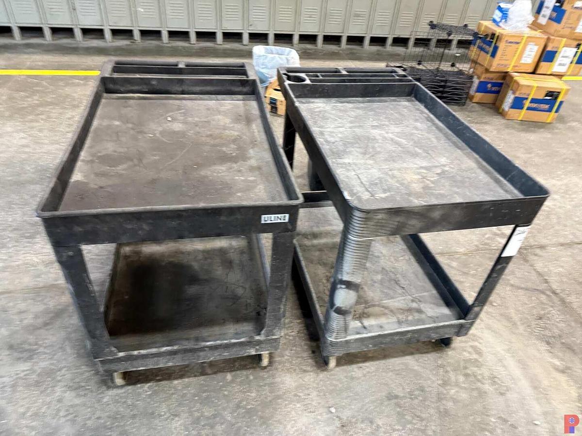 Used (2) 36” X 24”  X 32” ULINE POLY PUSH CARTS, (5) TRASH CANS