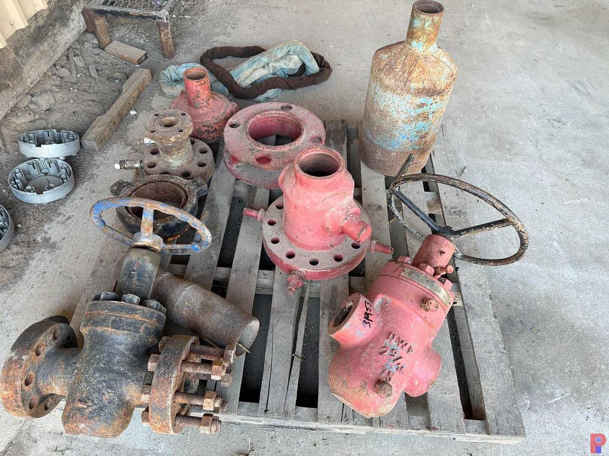 Used (2) PALLETS W/ 2-9/16” 5K WP GATE VALVES, TUBUNG HANGER, TONG COVERS, PARTIAL SLIP BODY, ADAPTERS