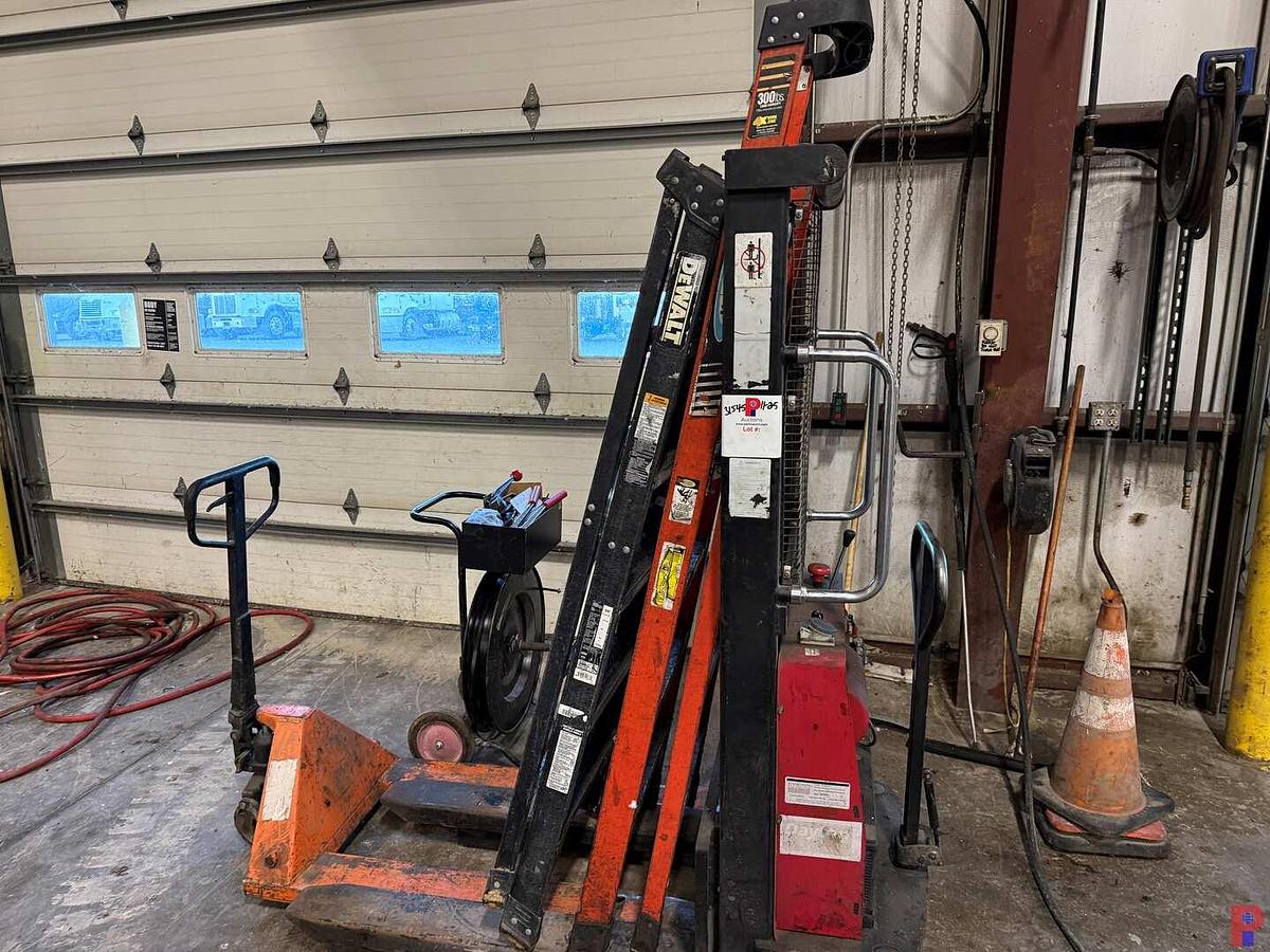 Used LOT W/ DAYTON 5RRY5 2,200 LB CAP. ELEC. PALLET JACK, (2) 6’-7’ LADDERS, MANUAL PALLET JACK, BANDING CART W/ TOOLS & CLAMPS