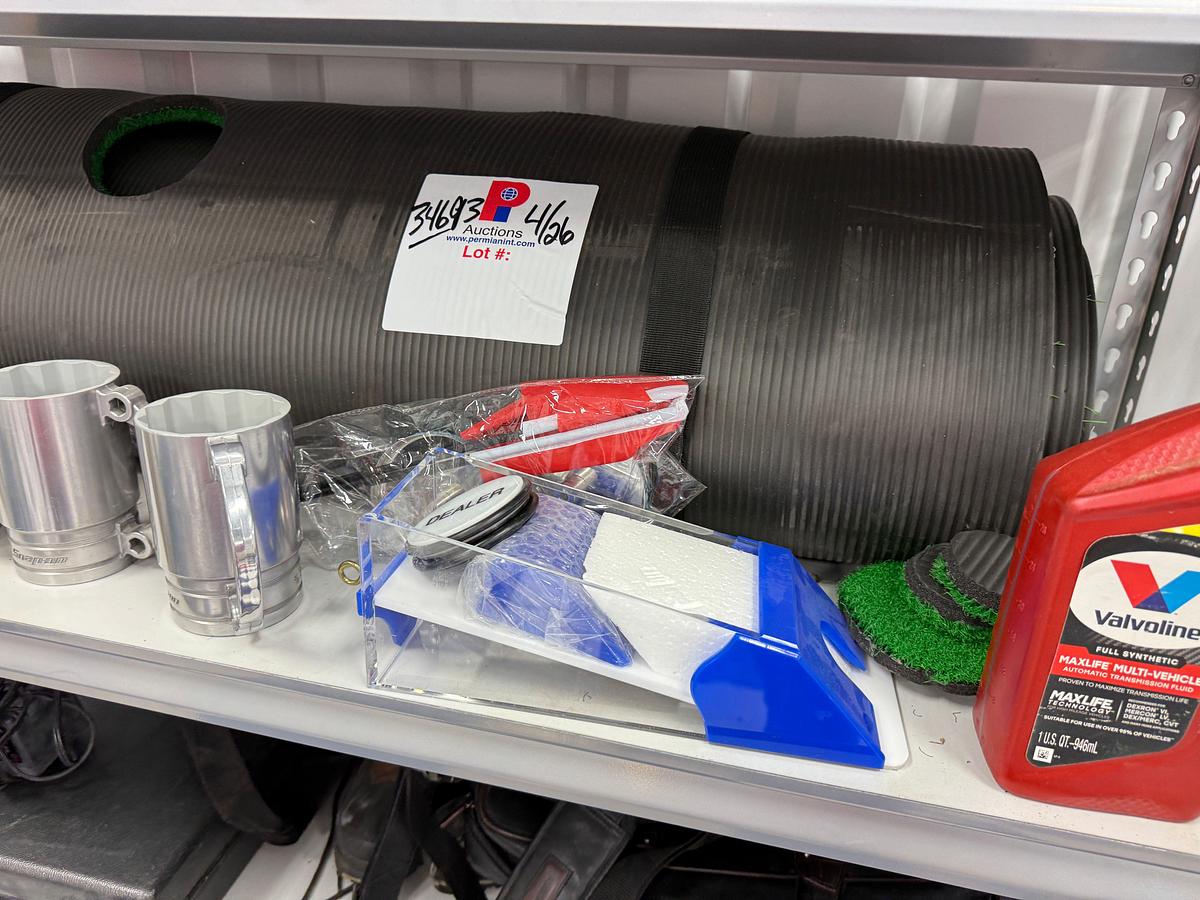 Used 6- SHELVE RACK W/ CONTENTS OF (5) CUSTOM SNAP ON SOCKET CUPS, DRILL BIT SET IN BOX, TOOL BOX, PUTTING TURF, (2) FLOOR JACKS