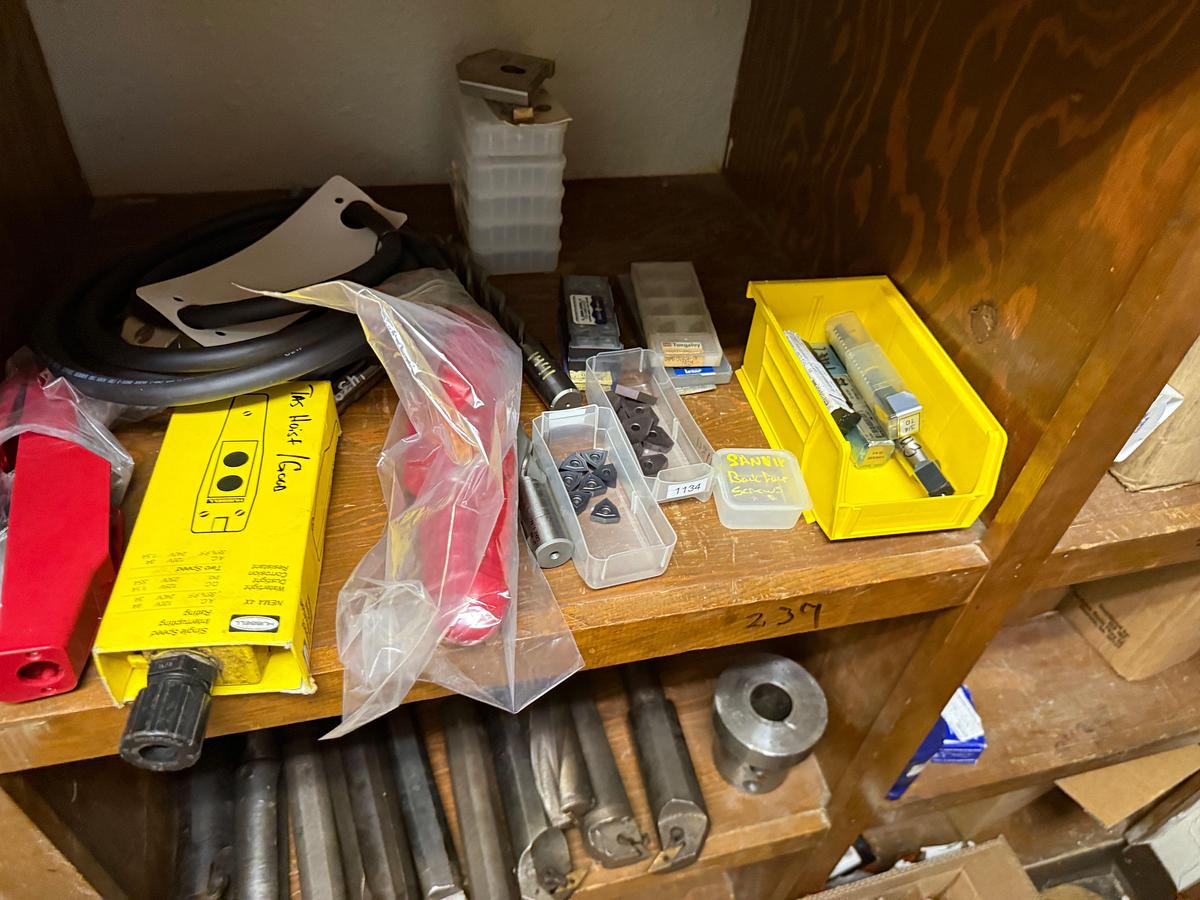 Used ROOM W/ SHELVES & (2) DOOR CABINET INCLUDES (100+) MACHINE CUTTING TOOLS, SUPPLIES, SPARE PARTS, & RELATED