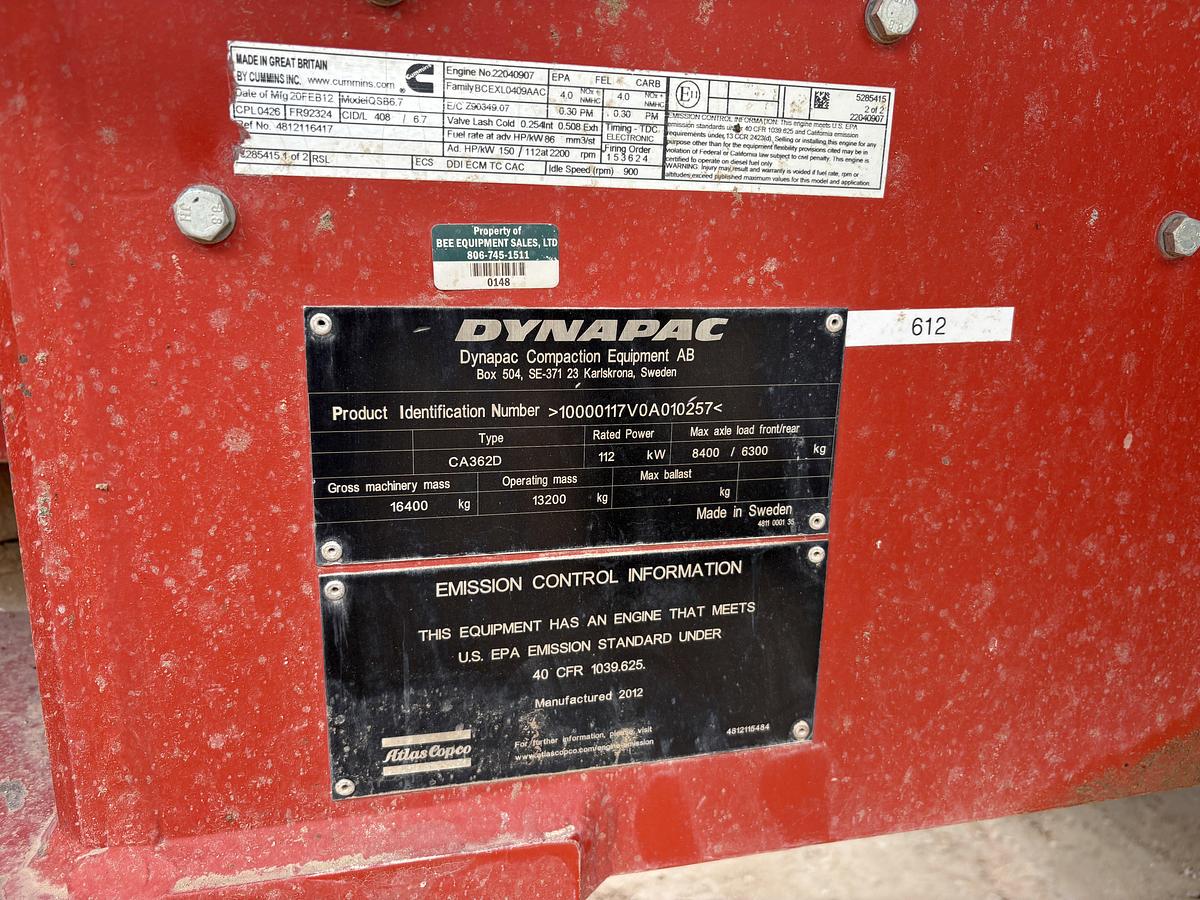 Used 2012 DYNAPAC CA362D VIBRATORY SMOOTH DRUM ROLLER