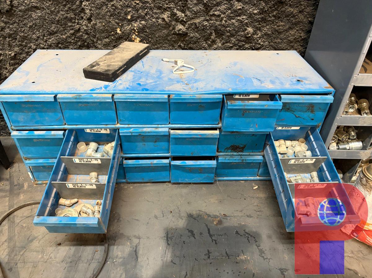 Used 8’ X 4’ X 3’ STEEL SHOP TABLE W/ CONTENTS